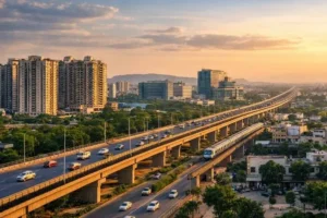Faridabad skyline with residential buildings and expressway infrastructure showing real estate growth in NCR