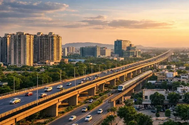 Faridabad skyline with residential buildings and expressway infrastructure showing real estate growth in NCR